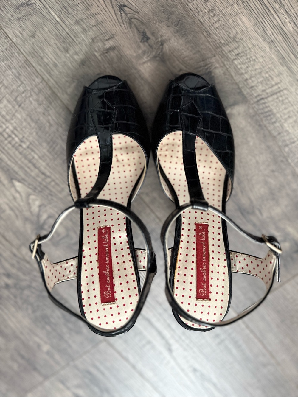 T-Strap Peep Toe Heels in Black Croc Embossed Leather - Picture 3 of 4